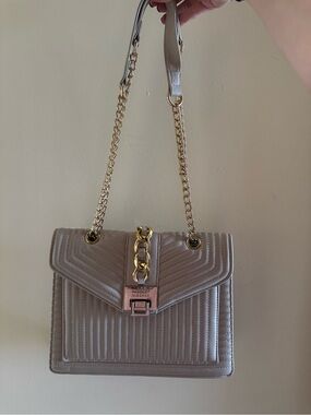 Badgley Mischka Quilted Shoulder Bag in Taupe with Gold Chain